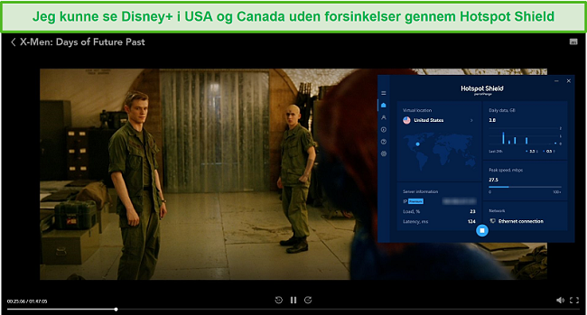 Skærmbillede af Hotspot Shield, der fjerner blokeringen af Disney + og streamer X-Men: Days of Future Past.
