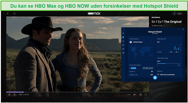 Skærmbillede af Hotspot Shield, der fjerner blokering af Westworld på HBO Max.
