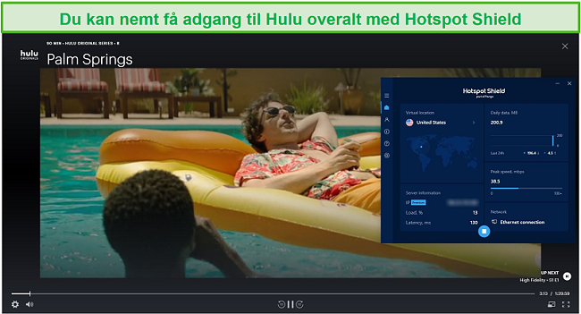 Skærmbillede af Hotspot Shield, der fjerner blokering af Hulu og streaming af Palm Springs.
