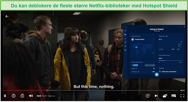 Skærmbillede af Hotspot Shield, der blokerer Netflix og streamer Dark.