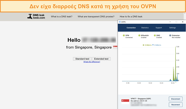 Στιγμιότυπο οθόνης του OVPN που περνάει μια δοκιμή διαρροής DNS