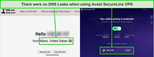 Screenshot of DNS leak tests showing that Avast SecureLine VPN masked my real IP address