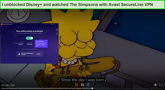 Screenshot of Avast SecureLine VPN unblocking The Simpsons on Disney+.