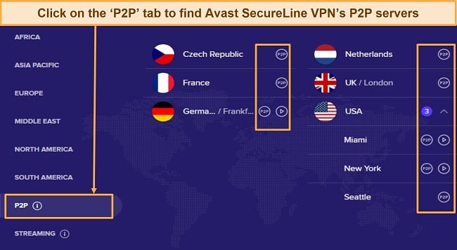 Screenshot of Avast SecureLine VPN dedicated P2P servers