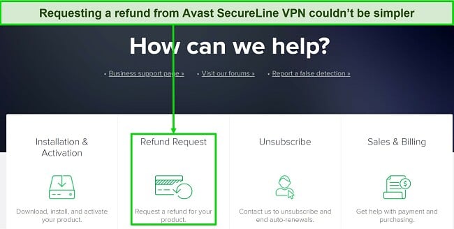 Screenshot showing the Refund Request process on the Avast SecureLine VPN webpage