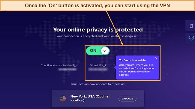 Screenshot showing Avast SecureLine VPN activated