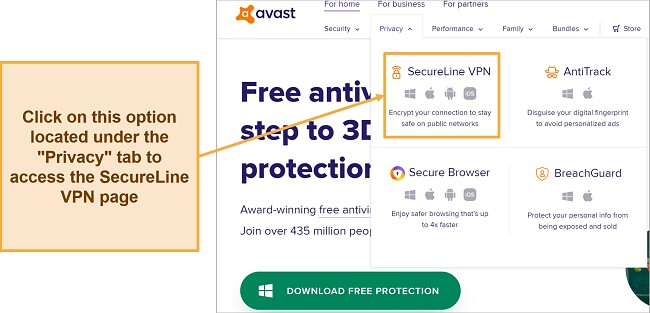 Screenshot showing how to access Avast SecureLine VPN webpage