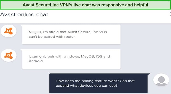 Screenshot of live chat with Avast SecureLine VPN support