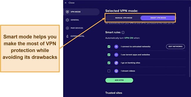 Screenshot of Avast SecureLine VPN manual and smart selection mode