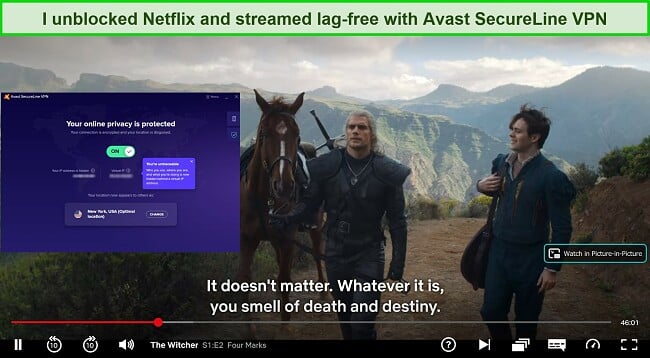 Screenshot of Avast SecureLine VPN unblocking The Witcher on Netflix