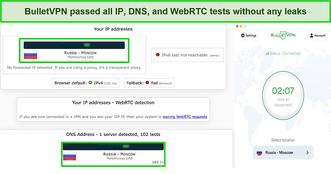 Screenshot from a leak test conducted with BulletVPN