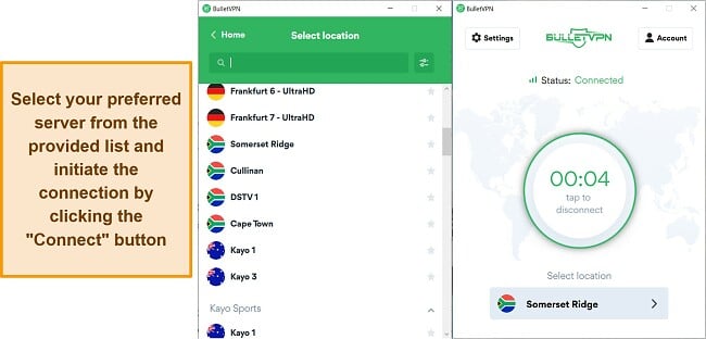 Screenshot of the server selection and connection interface for BulletVPN