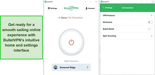 Screenshot of BulletVPN’s user interface