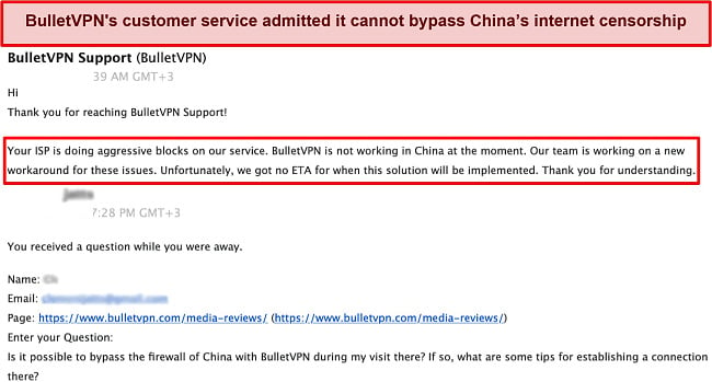 Screenshot of my interaction with BulletVPN's support about its inactivity in China