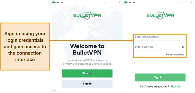 Screenshot of the login interface for BulletVPN