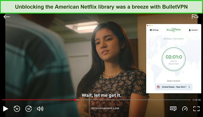 Screenshot of BulletVPN unblocking US Netflix library