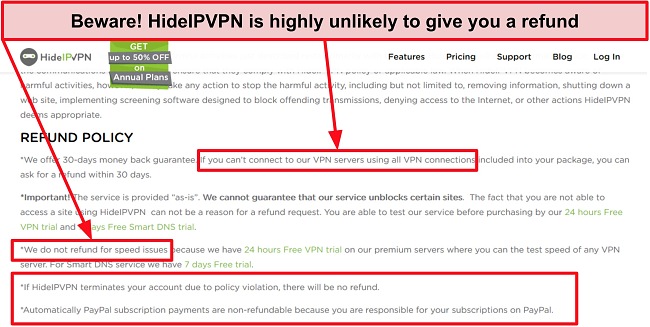 Screenshot of HidelVPN's refund policy
