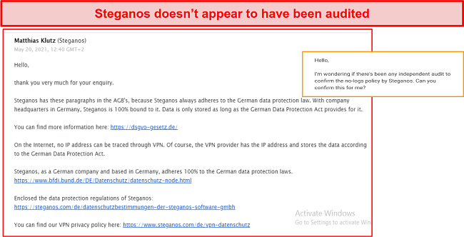 A screenshot showing that Steganos hasn't had an audit and keeps logs