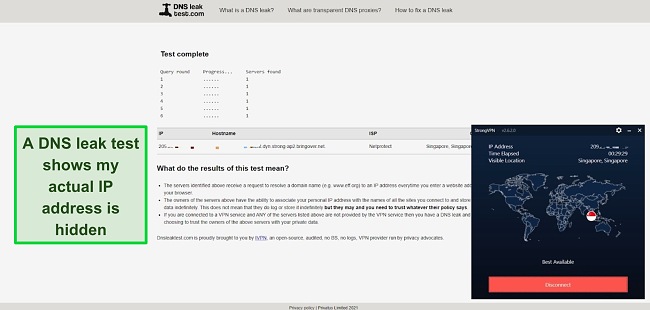 StrongVPN review DNS leak test screenshot
