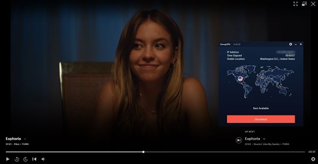 Screenshot of StrongVPN unblocking HBO Max to watch an episode of Euphoria.