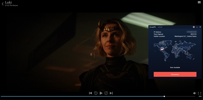 Screenshot of StrongVPN unblocking Disney+ to watch an episode of Loki.