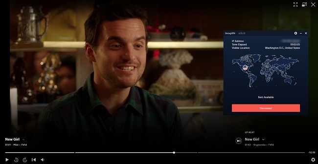 Screenshot of StrongVPN unblocking Hulu to watch an episode of New Girl.