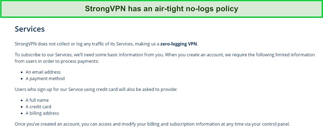 StrongVPN review no-logs policy screenshot