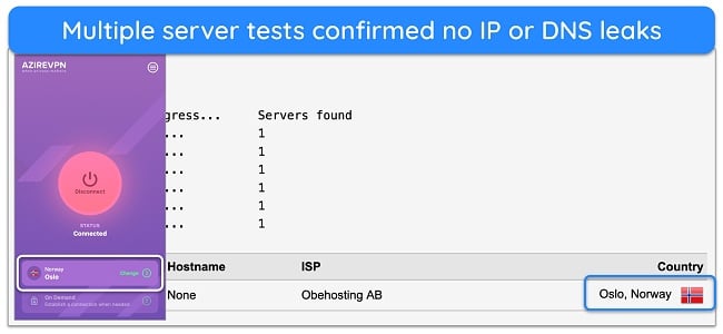 Screenshot of a successful IP/DNS leak test with AzireVPN