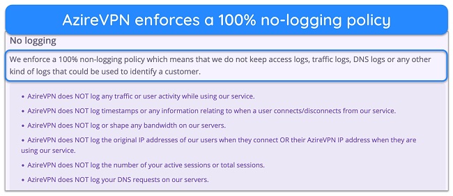 Screenshot of an excerpt of AzireVPN's logging policy