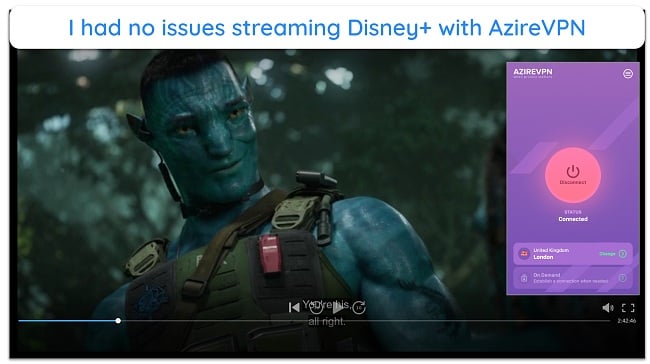 Screenshot of Avatar playing on Disney+ UK while AzireVPN is connected to a server in the UK