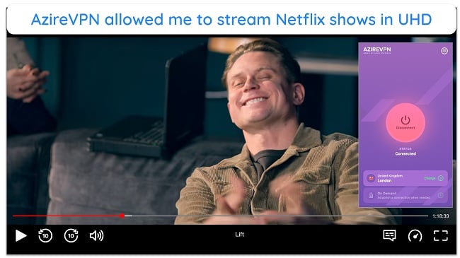 Screenshot Lift playing on Netflix UK while AzireVPN is connected to a server in the UK