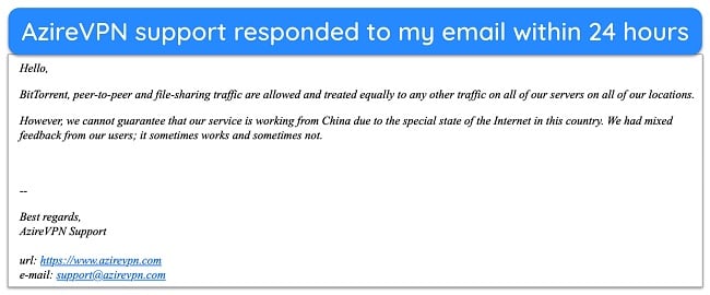  Screenshot of email response from AzireVPN support