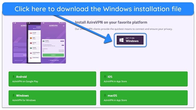 Screenshot of AzireVPN's setup file download page