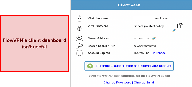 Screenshot of FlowVPN's client dashboard