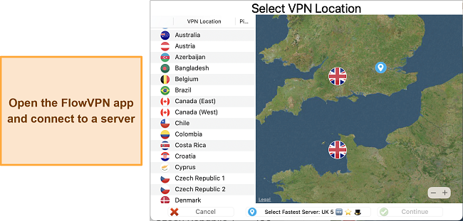 Screenshot of FlowVPN's server selection interface