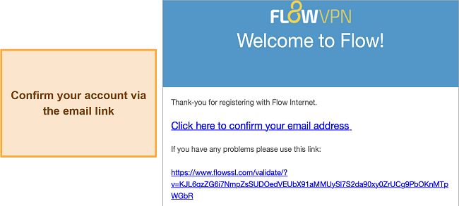 Screenshot of FlowVPN's email confirmation link