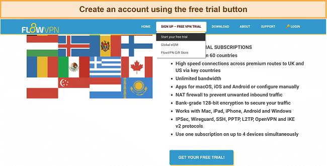 Screenshot of FlowVPN's free trial sign up page