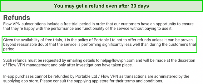 Screenshot of FlowVPN's refund policy