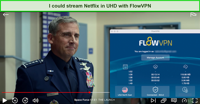 Screenshot of The Launch playing on Netflix while FlowVPN is connected to a server in the US