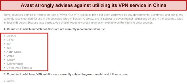 Screenshot of Avast blog post showing a list of countries the VPN may not work in.