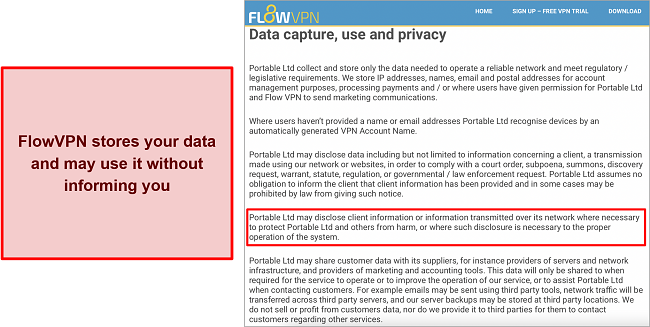 Screenshot of FlowVPN's privacy policy