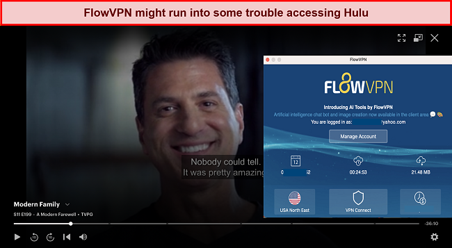 Screenshot of Modern Family playing on Hulu while FlowVPN is connected to a server in the US