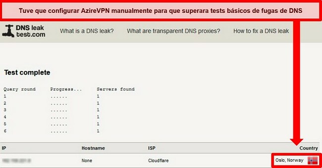 Captura de pantalla de una prueba de fugas de DNS exitosa