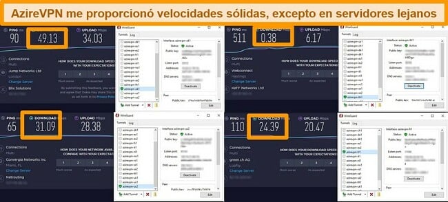 Captura de pantalla de 4 pruebas de velocidad mientras está conectado a servidores AzireVPN