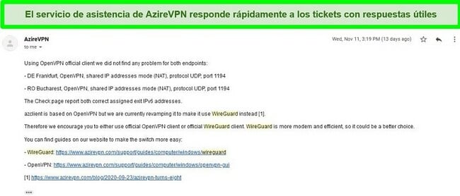 Captura de pantalla del soporte de AzireVPN respondiendo a un ticket de solicitud de ayuda