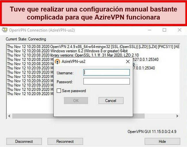 Captura de pantalla del mensaje de inicio de sesión de AzireVPN mientras usa el cliente OpenVPN