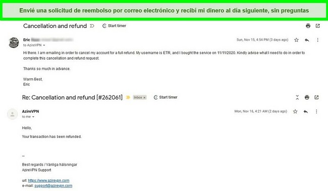 Captura de pantalla de un hilo de correo electrónico que muestra el proceso de cancelación y reembolso de AzireVPN