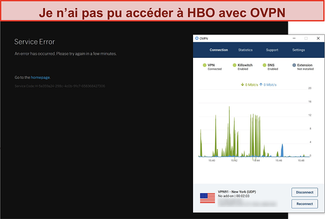 Capture d'écran d'OVPN bloqué par HBO