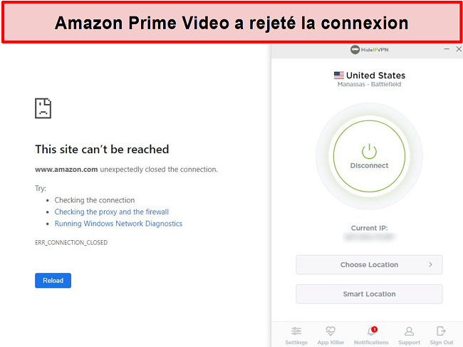 Capture d'écran d'Amazon Prime Video rejetant la connexion HideIPVPN.