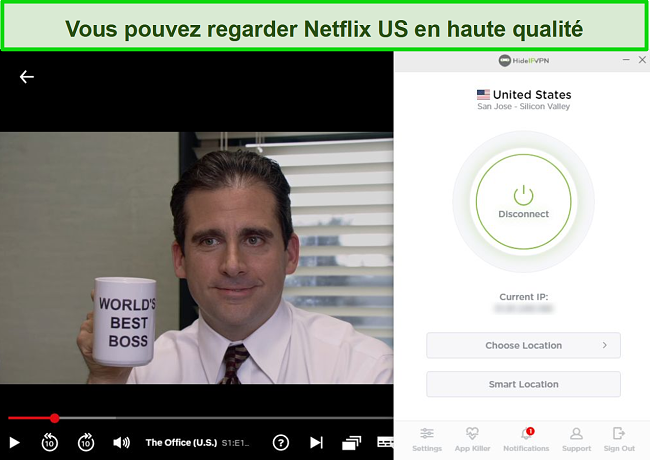 Capture d'écran de HideIPVPN débloquant US Netflix, diffusant The Office (États-Unis).